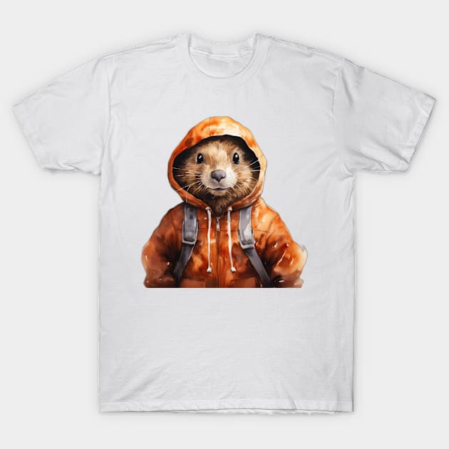 Watercolor Cartoon Beaver in a Hoodie T-Shirt by Chromatic Fusion Studio